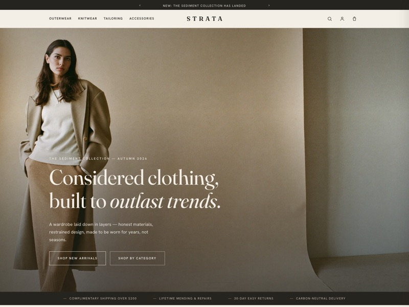STRATA quiet-luxury clothing brand e-commerce homepage