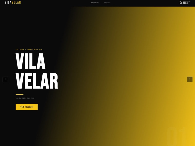 Vila Velar men's clothing store website with live product catalog